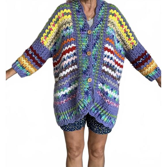 Vintage Multicolor, Cottage core Handmade Crochet Knit  chunky Cardigan Bohemian - Picture 6 of 9